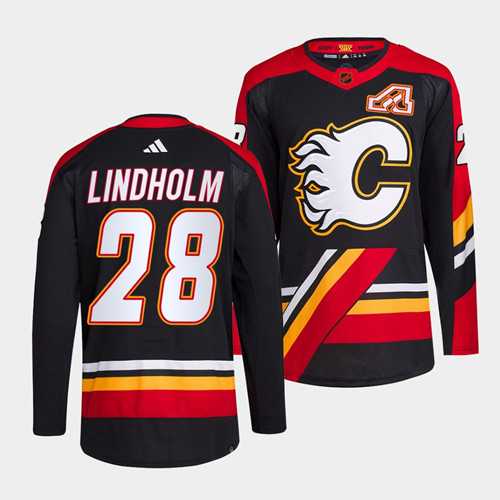 Men%27s Calgary Flames #28 Elias Lindholm Black 2022-23 Reverse Retro Stitched Jersey Dzhi->calgary flames->NHL Jersey
